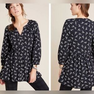 Anthropologie Maeve Winona Babydoll Tunic Top Black White Cotton 3/4- Size M